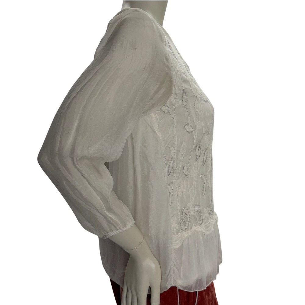 Vintage Handmade Silk Embroidered Blouse | Sheer Boho Ballet Wrap Aesthetic S - Picture 2 of 7